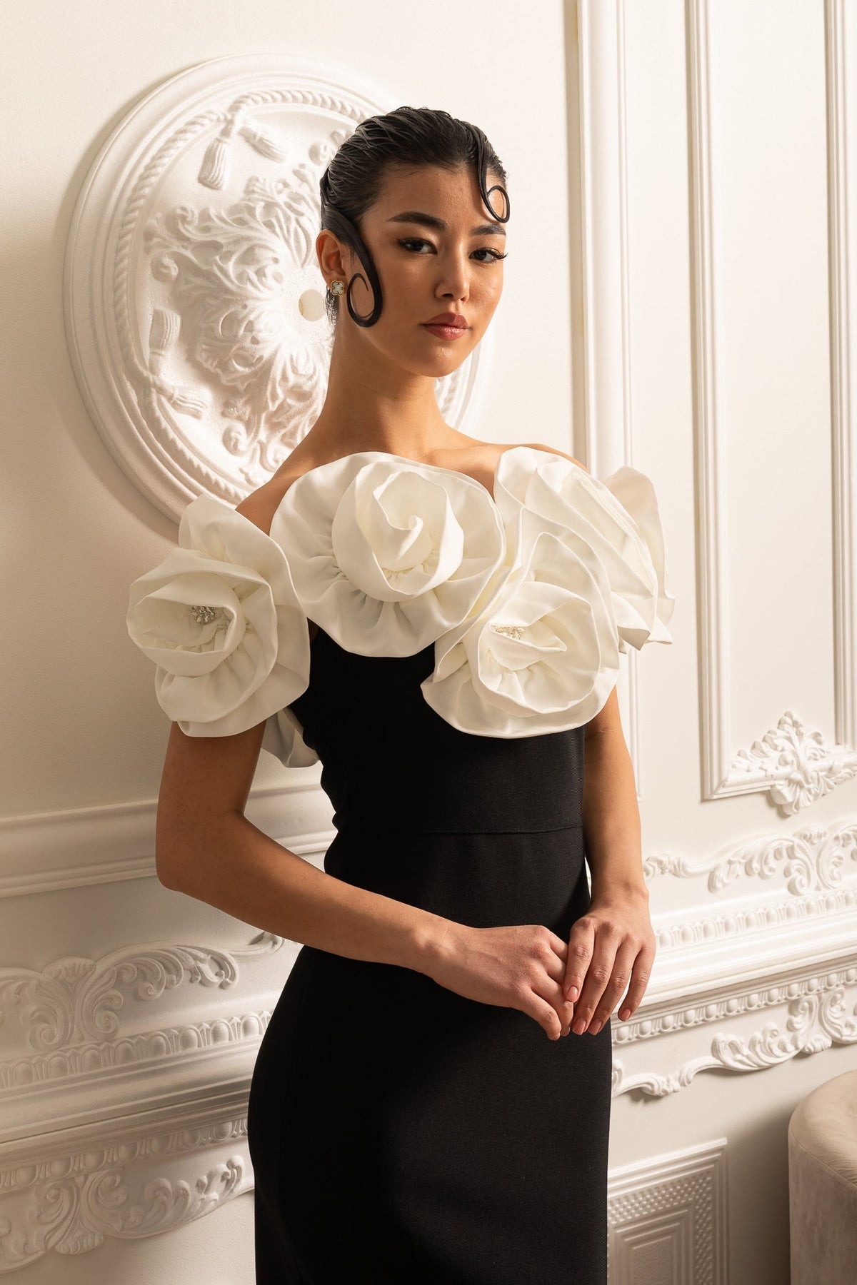 Off Shoulder Oversized Rosette Neckline Column Maxi Gown - View 2