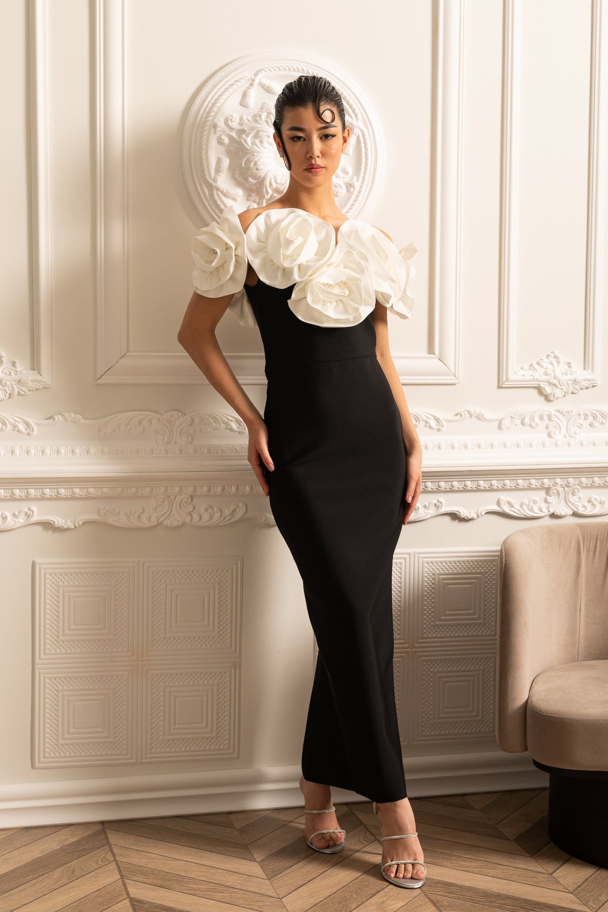 Off Shoulder Oversized Rosette Neckline Column Maxi Gown - View 5