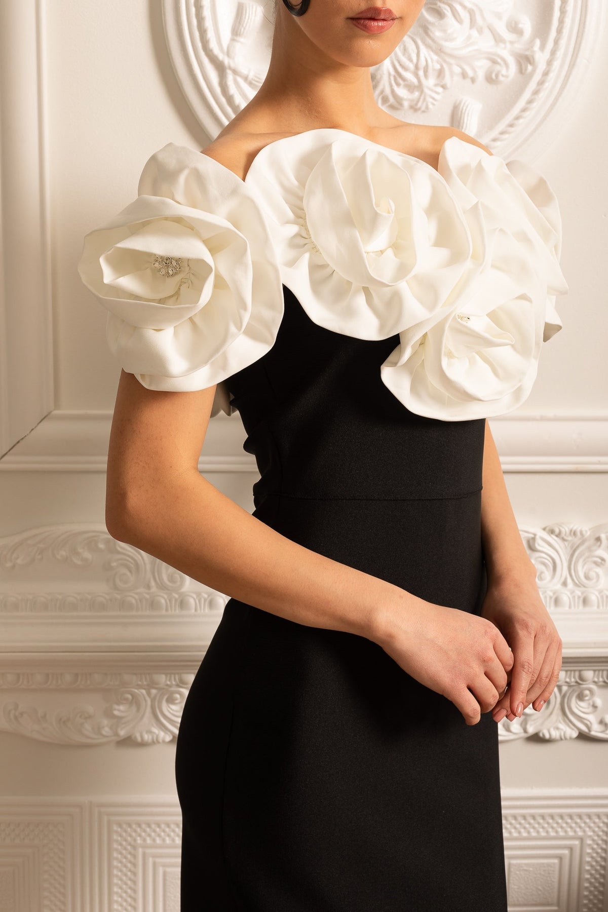 Off Shoulder Oversized Rosette Neckline Column Maxi Gown - View 11