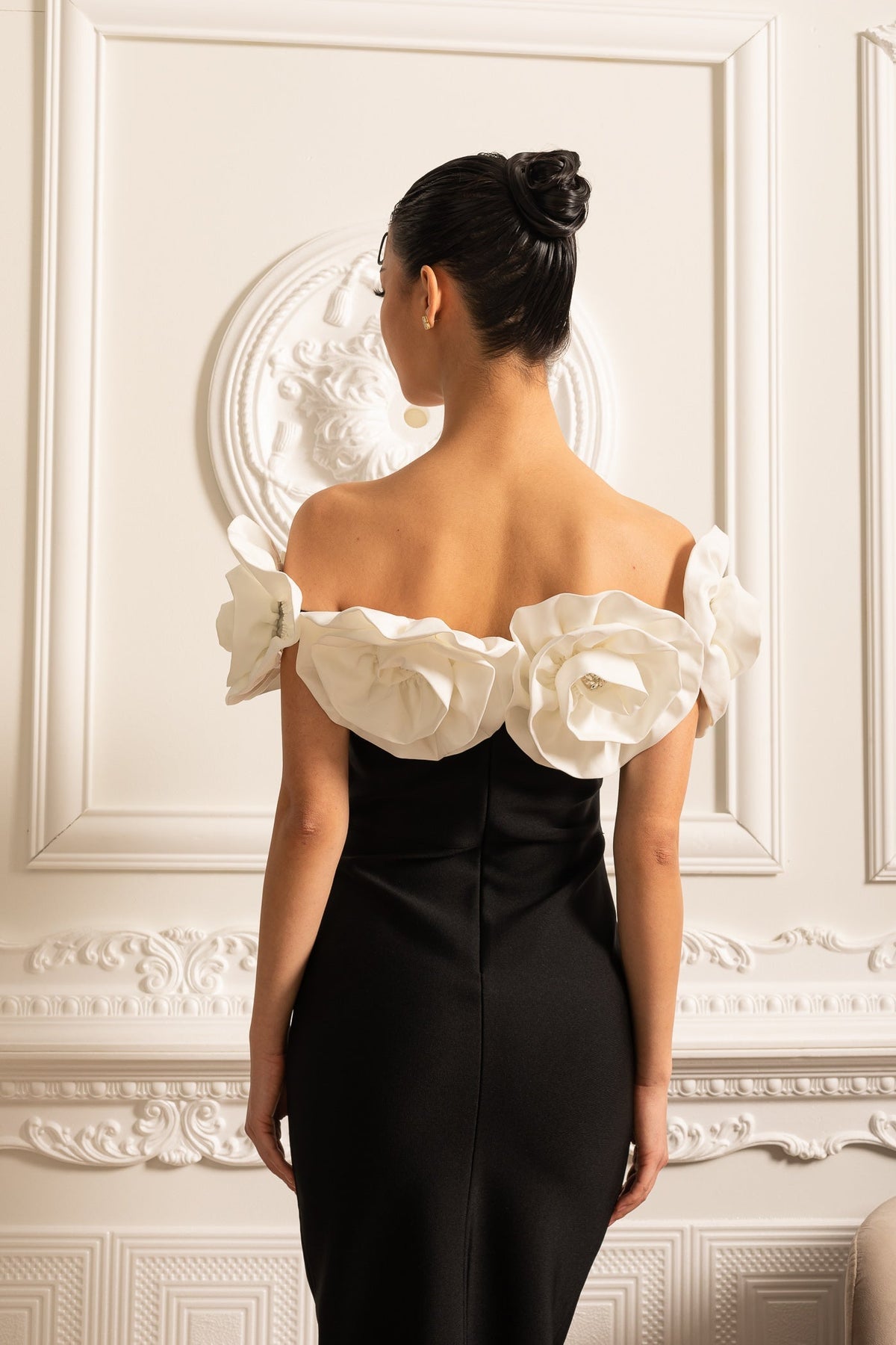 Off Shoulder Oversized Rosette Neckline Column Maxi Gown - View 12