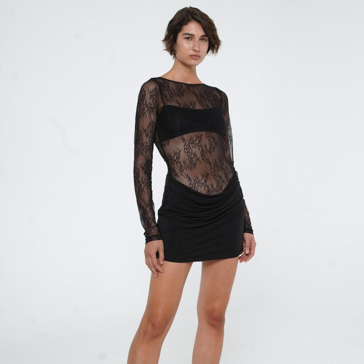 Satin One-Shoulder Long Sleeve Cutout Handkerchief-Hem Mini Dress 15