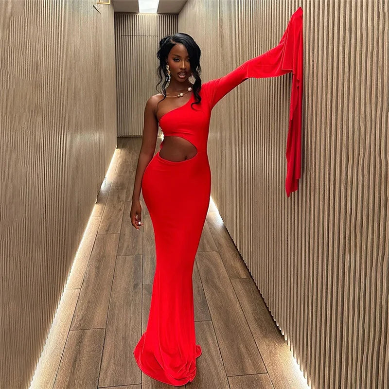 One Shoulder Cape Sleeve Waist Cutout Mermaid Gown