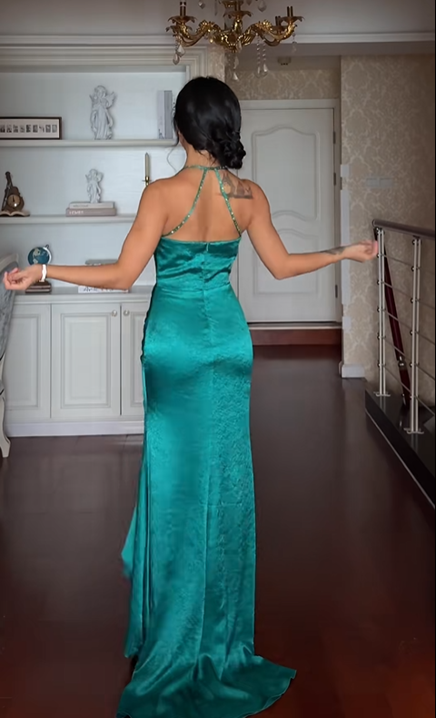 Classy Halter Green Satin Beaded Mermaid Evening Dress Formal Birthday Party Dress D1160