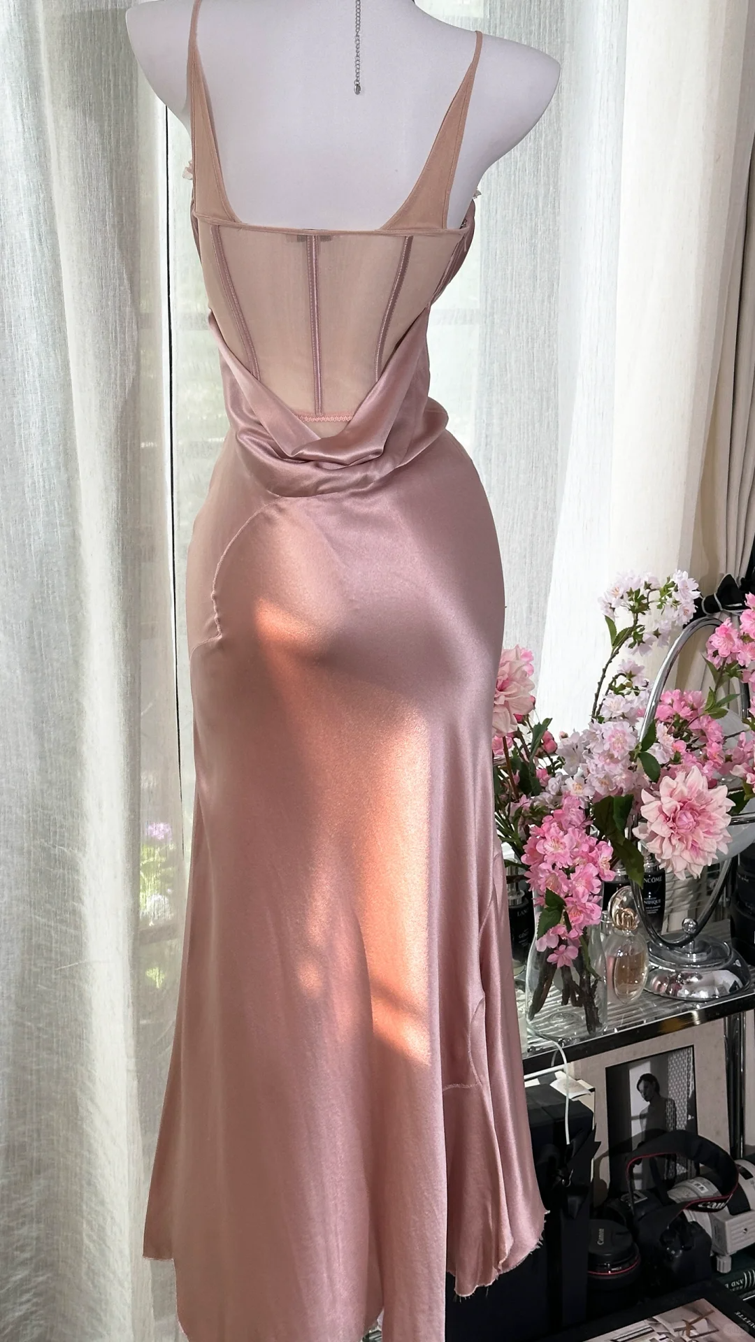 Elegant Spaghetti Straps Sweetheart Neck Pink Satin Mermaid Party Dress Long Birthday Prom Gown D1378