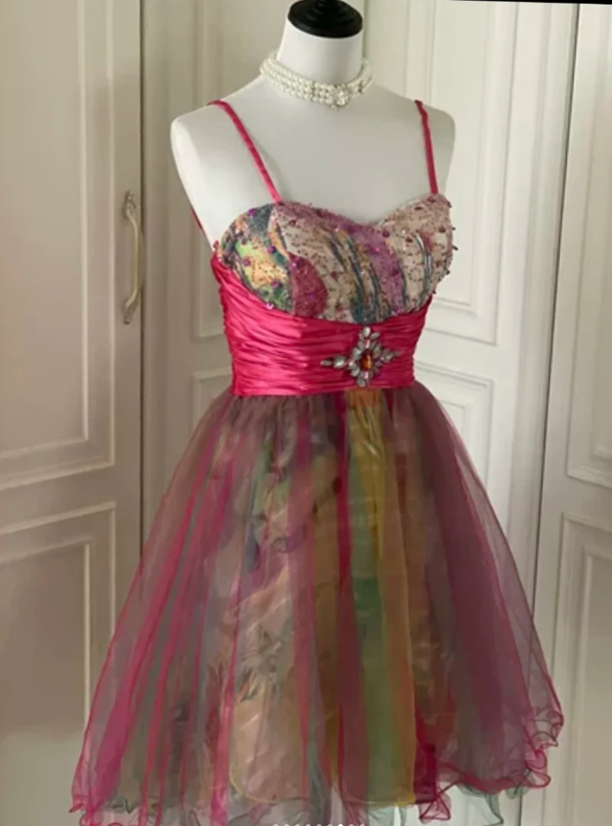 Vintage Spaghetti Straps Tulle Sequin Beaded Mini Homecoming Dress Party Dress S542