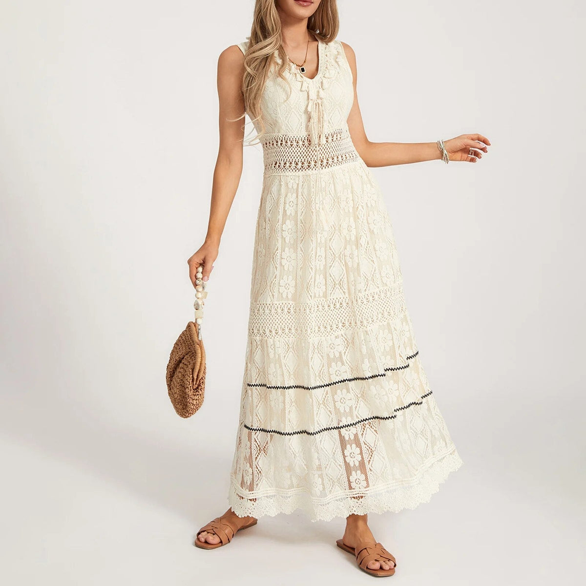 Lace Sleeveless V-Neck Lace Up Bust Crochet Waist Midi Dress - View 5