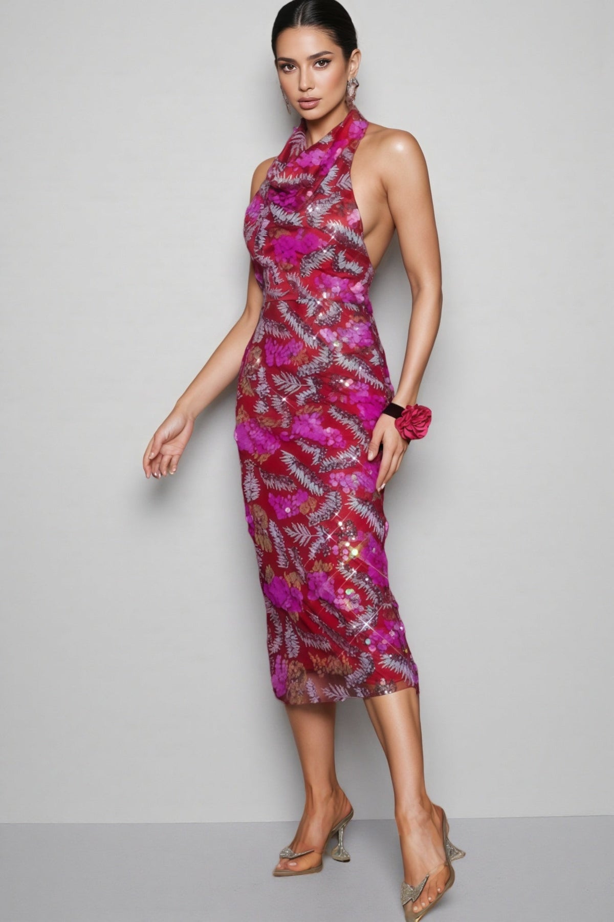 Sequin Floral Halter Neck Backless Bodycon Midi Dress