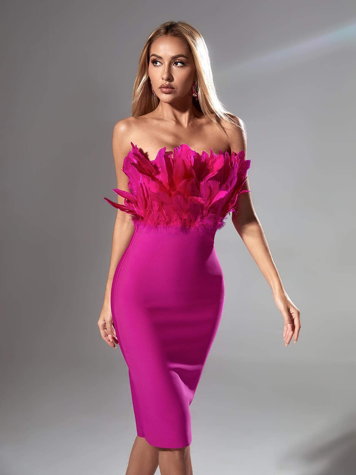 Darby Strapless Feather Bandage Dress In Hot Pink