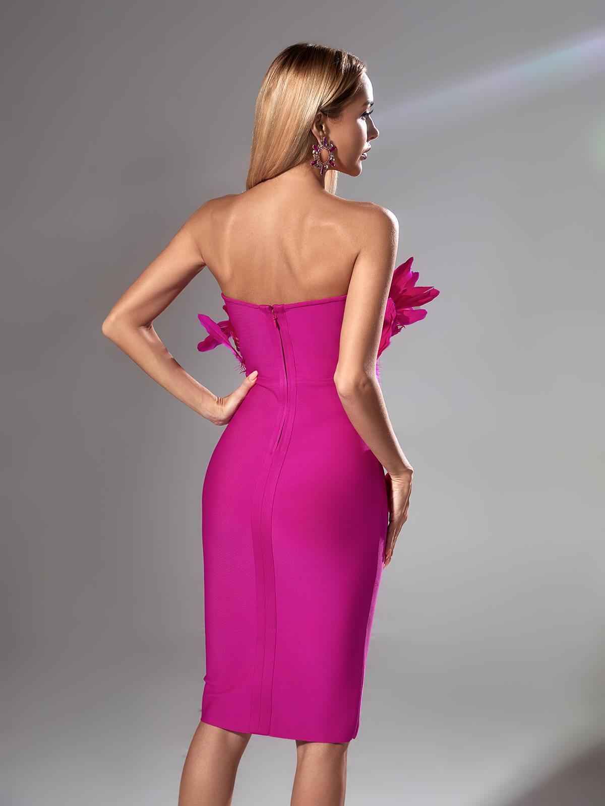 Darby Strapless Feather Bandage Dress In Hot Pink