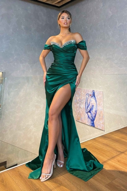 Dark Green Sexy Off-the-shoulder Sleeveless Satin Floor-Length Prom Evening Dresses with Ruffles