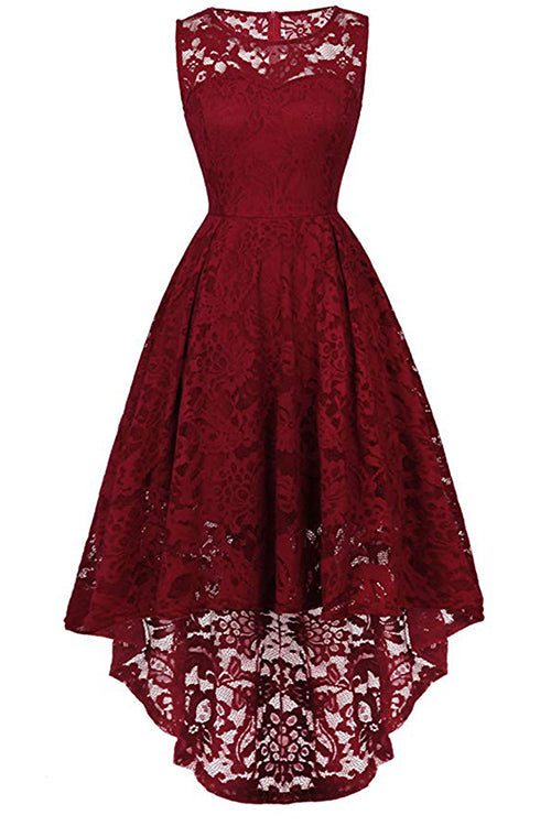 Dark Navy A-line Lace Sleeveless High Low Prom Dress - Mislish