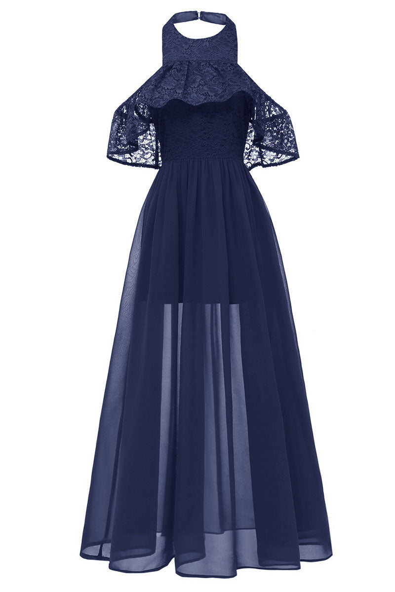Burgundy High Low Halter Chiffon Long Prom Dress - Mislish
