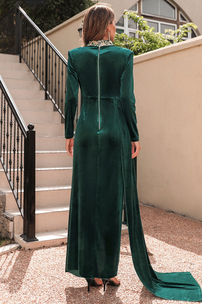 Dark Green Velvet High Neck Slit Evening Dress  Fashionpara