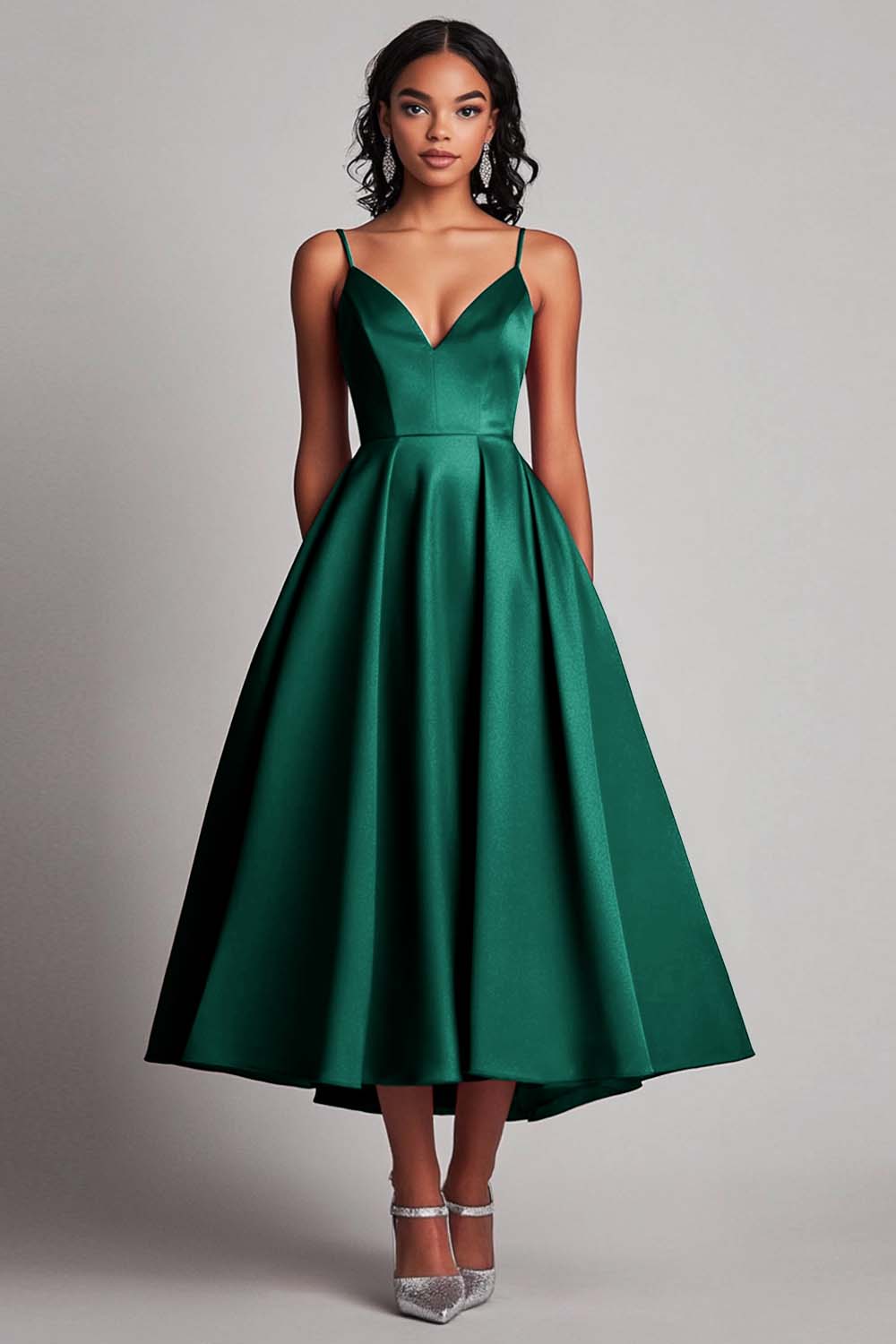 Red Satin A-Line Tea Length Formal Dress - Fashionpara