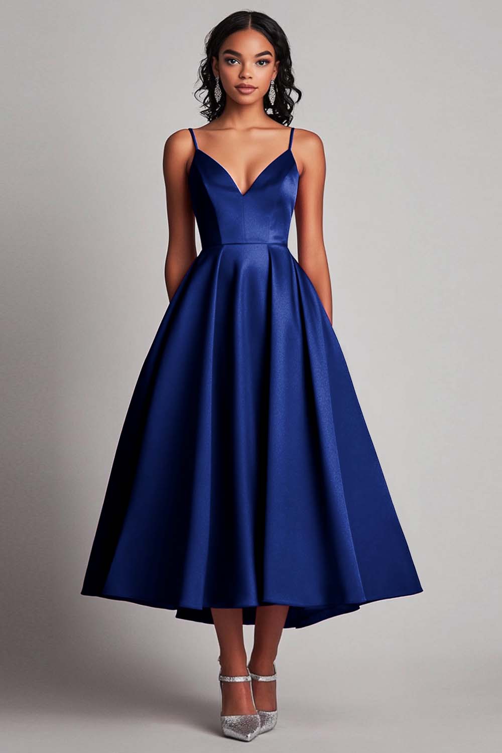Red Satin A-Line Tea Length Formal Dress - Fashionpara