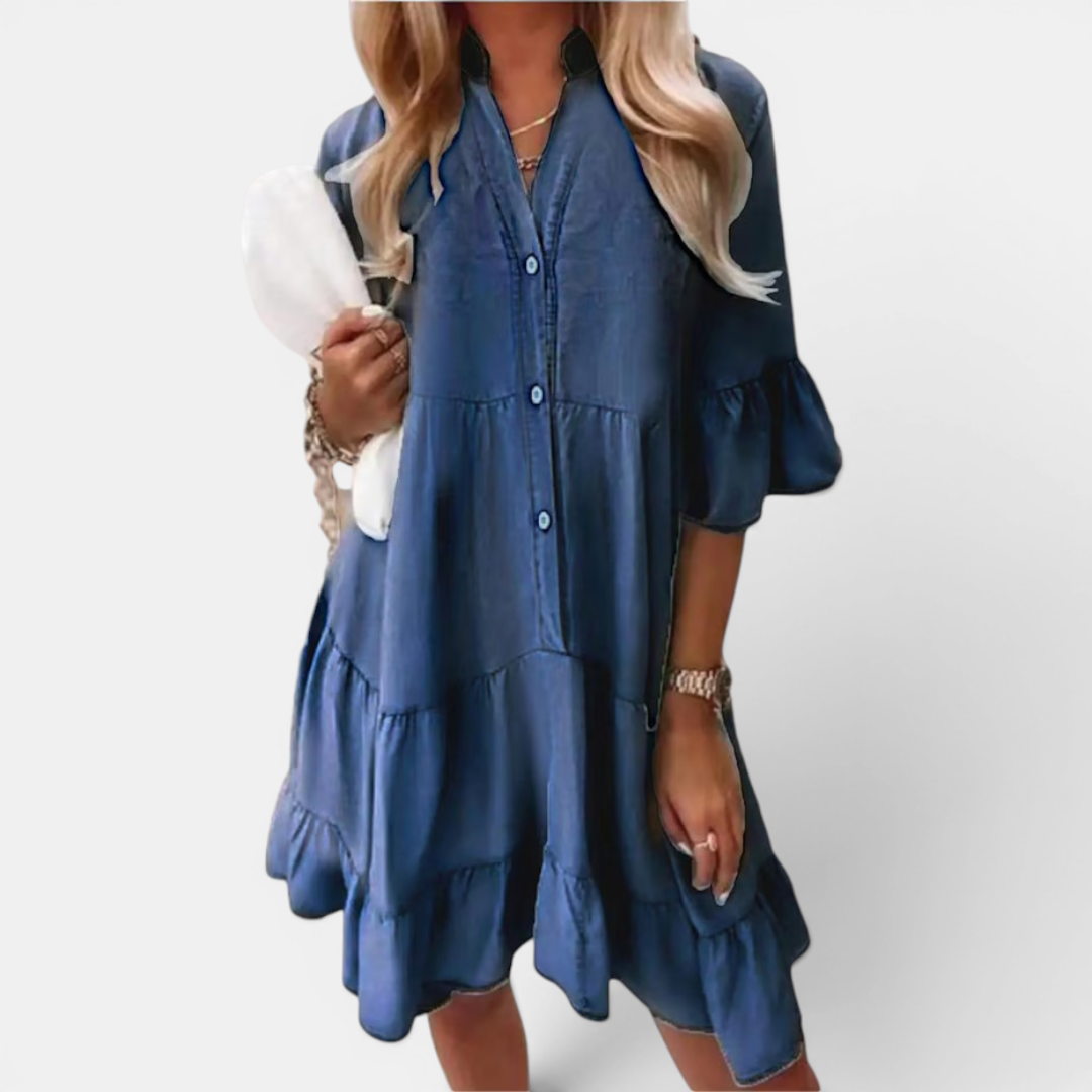 Denim-Look Button Front Roll Sleeve Tiered Midi Dress 3