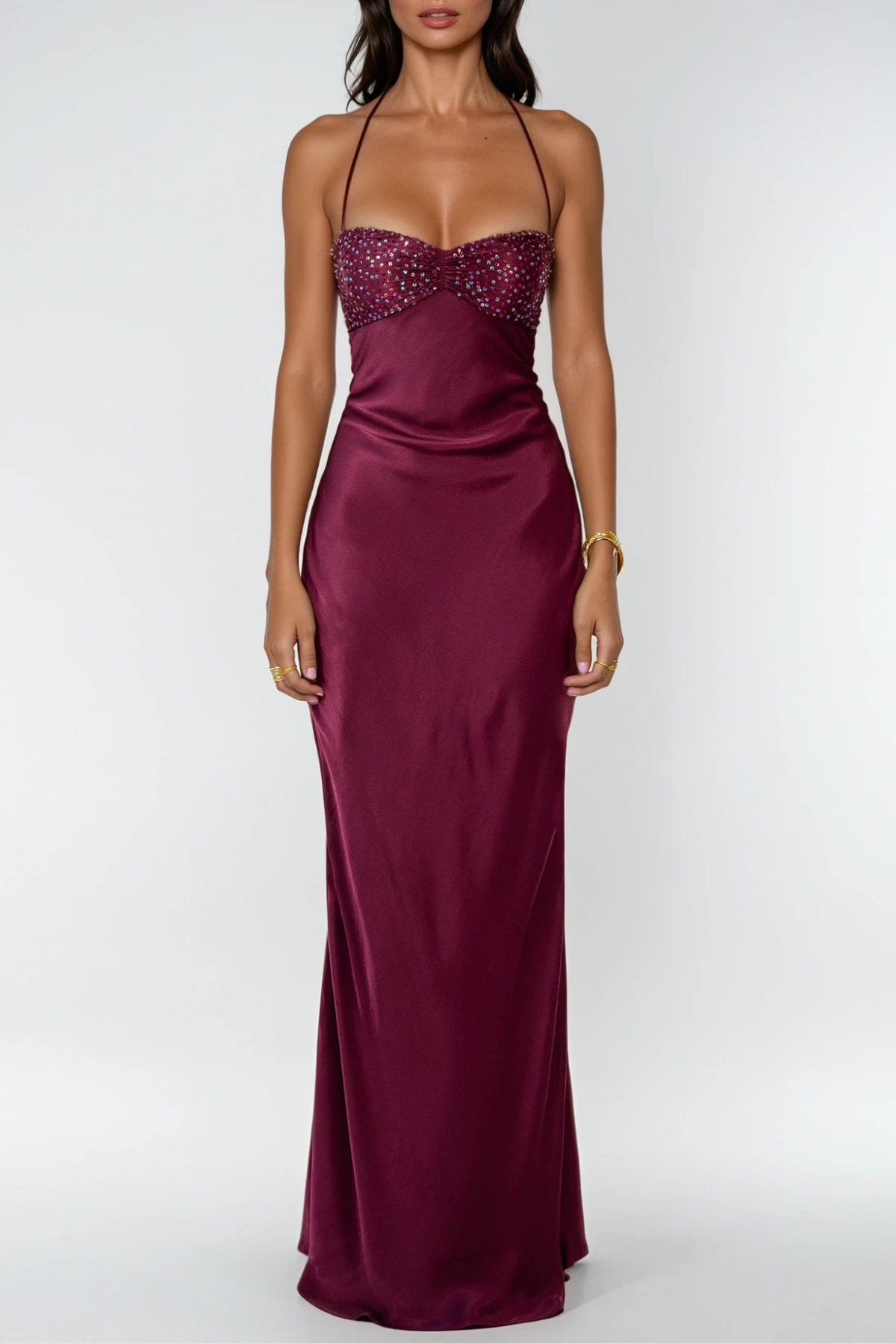 Satin Halter Neck Beaded Sweetheart Bias Cut Slip Maxi Dress