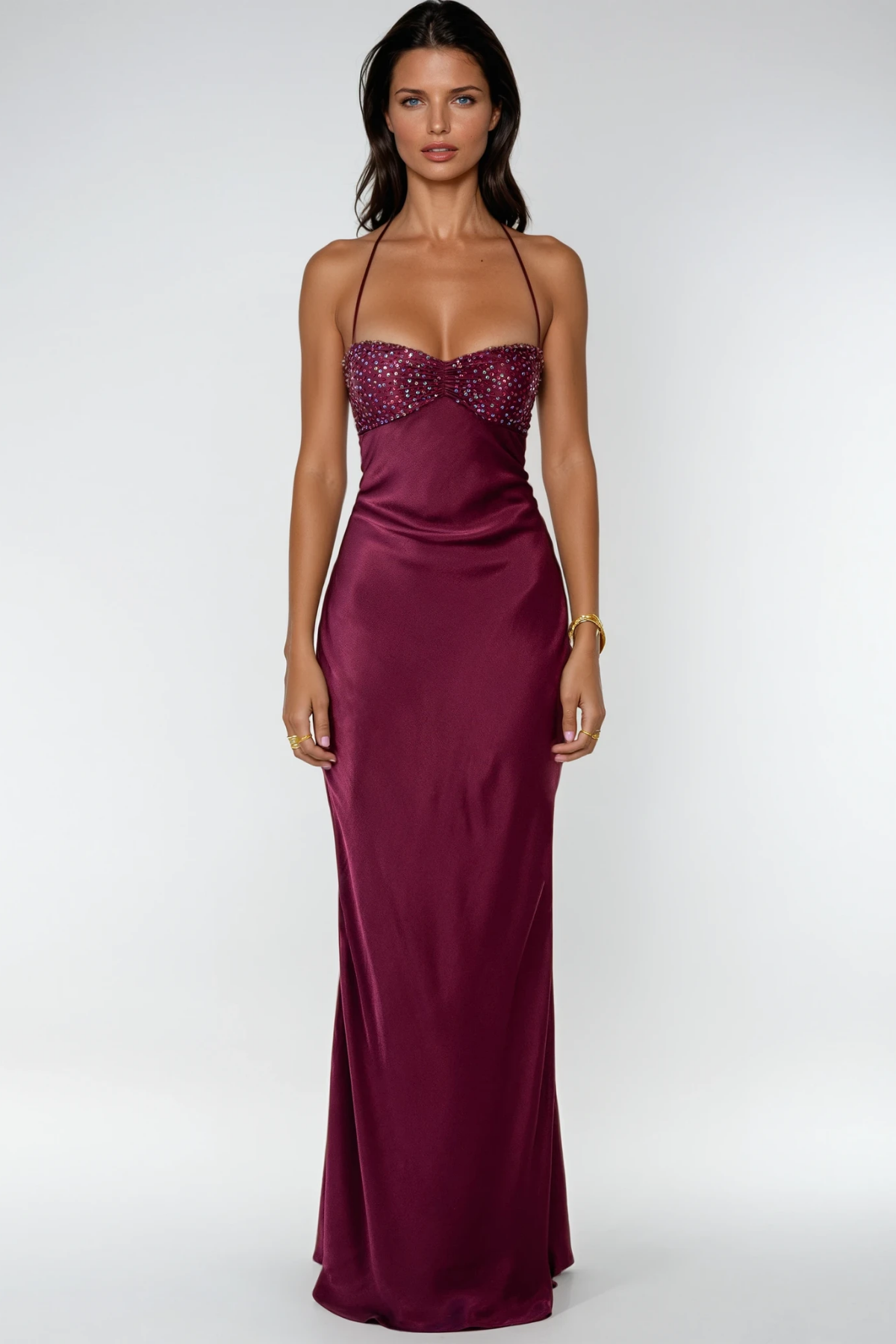 Satin Halter Neck Beaded Sweetheart Bias Cut Slip Maxi Dress - View 2