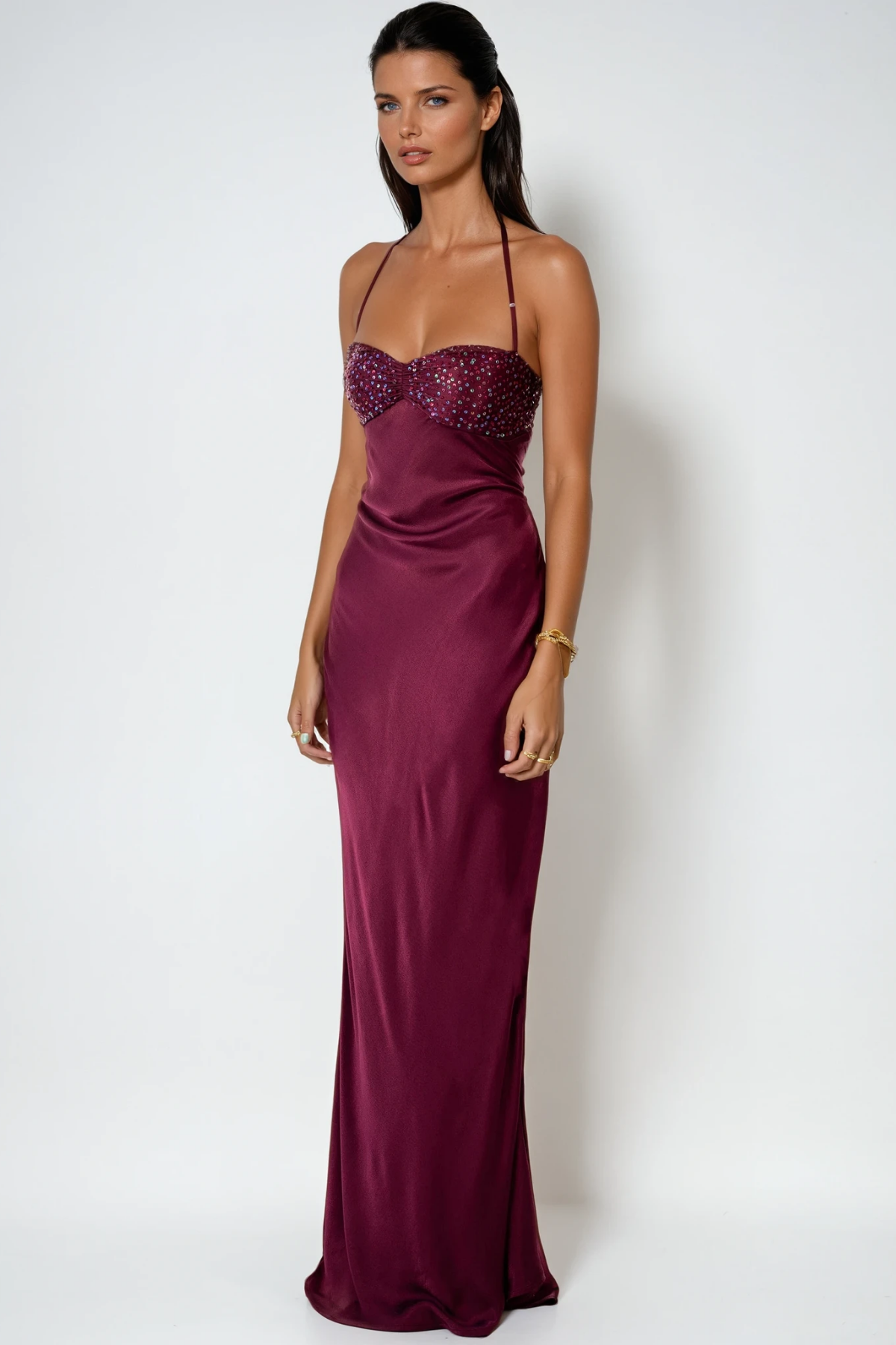 Satin Halter Neck Beaded Sweetheart Bias Cut Slip Maxi Dress - View 3