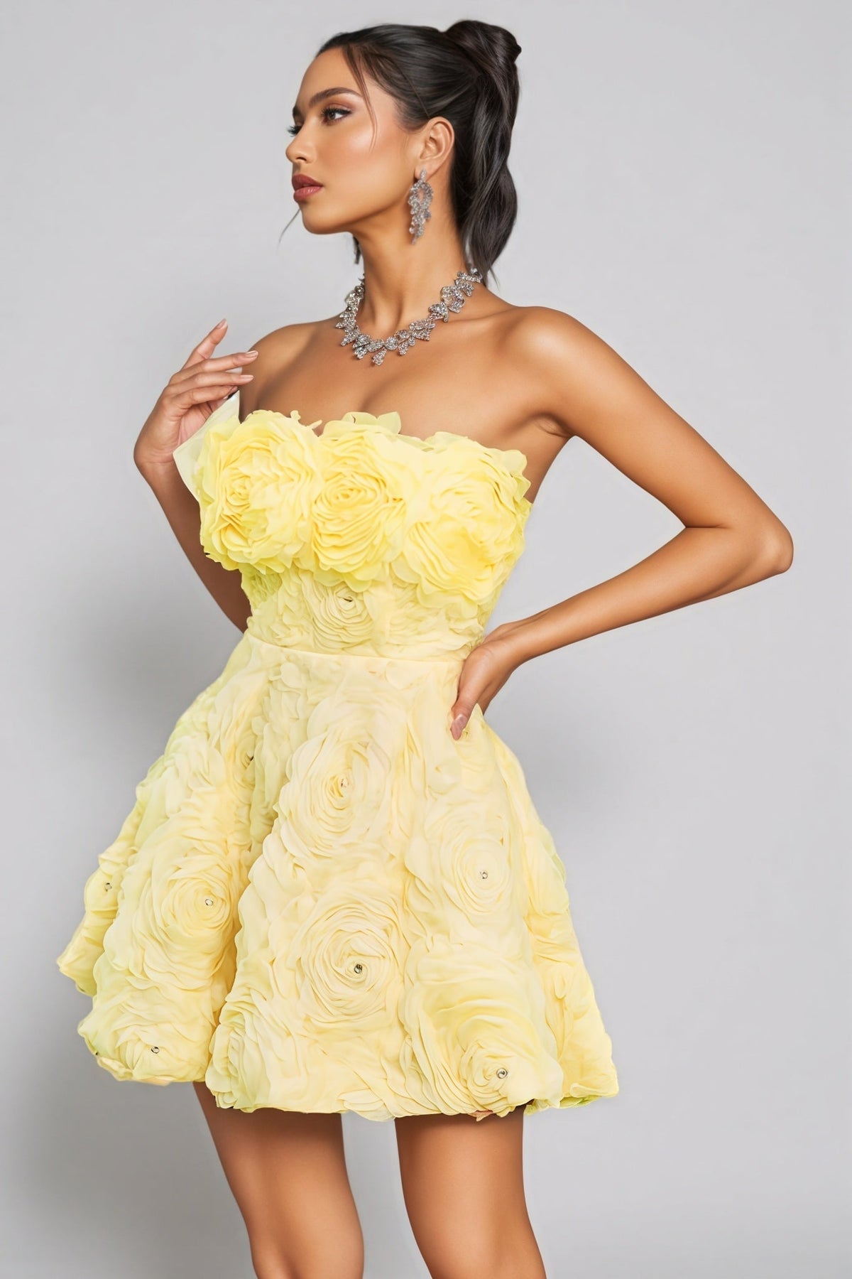 Strapless Rhinestone 3D Floral Mini Dress - View 3