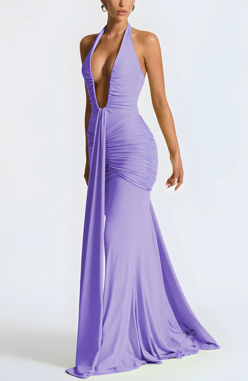 Jersey Deep-Plunge Halter Ruched Mermaid Gown 6