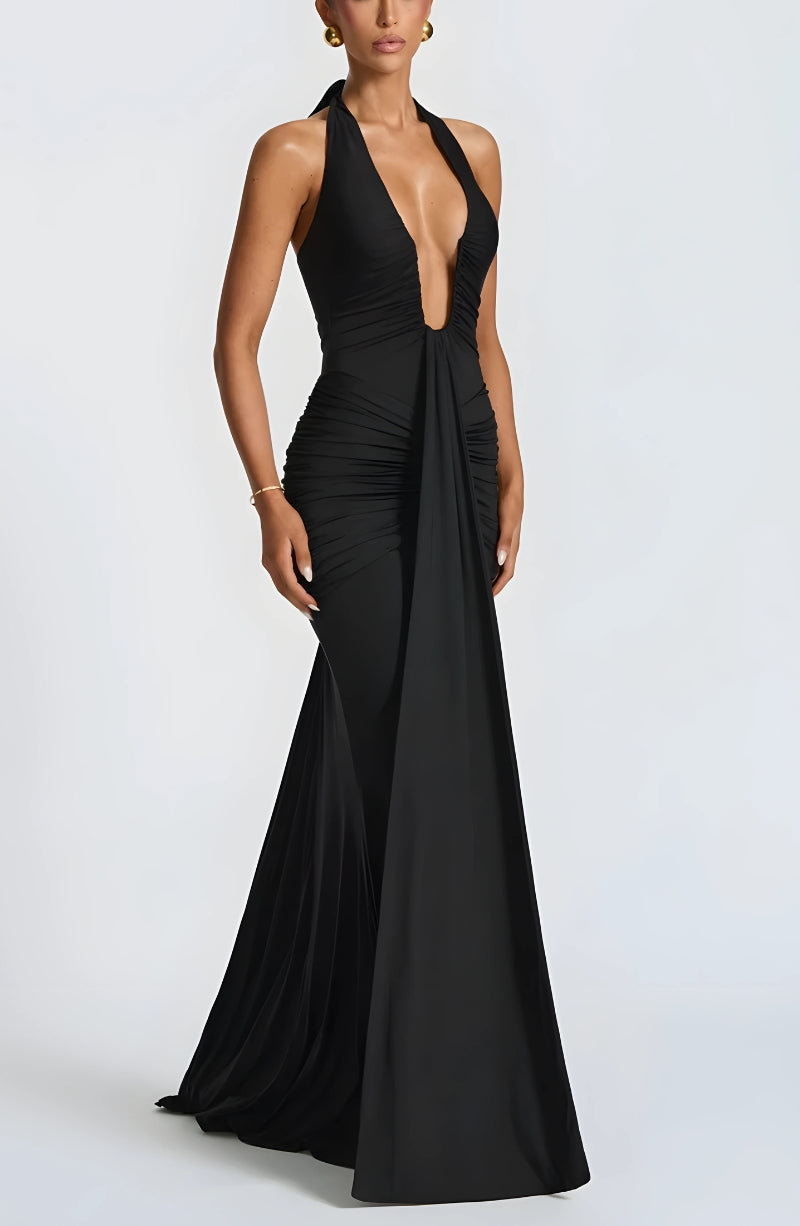 Jersey Deep-Plunge Halter Ruched Mermaid Gown 7