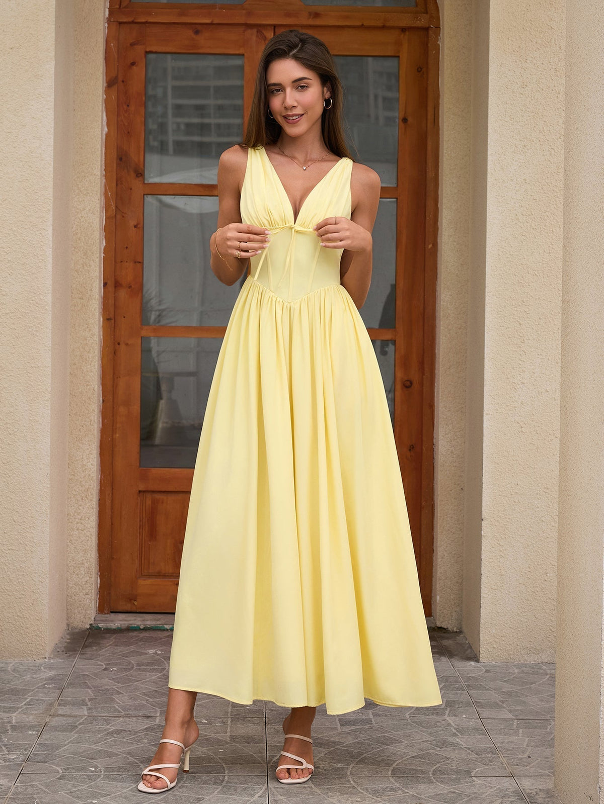 Deep V-Neck Bow Tie Ruched Fit and Flare Midi Dress - View 16