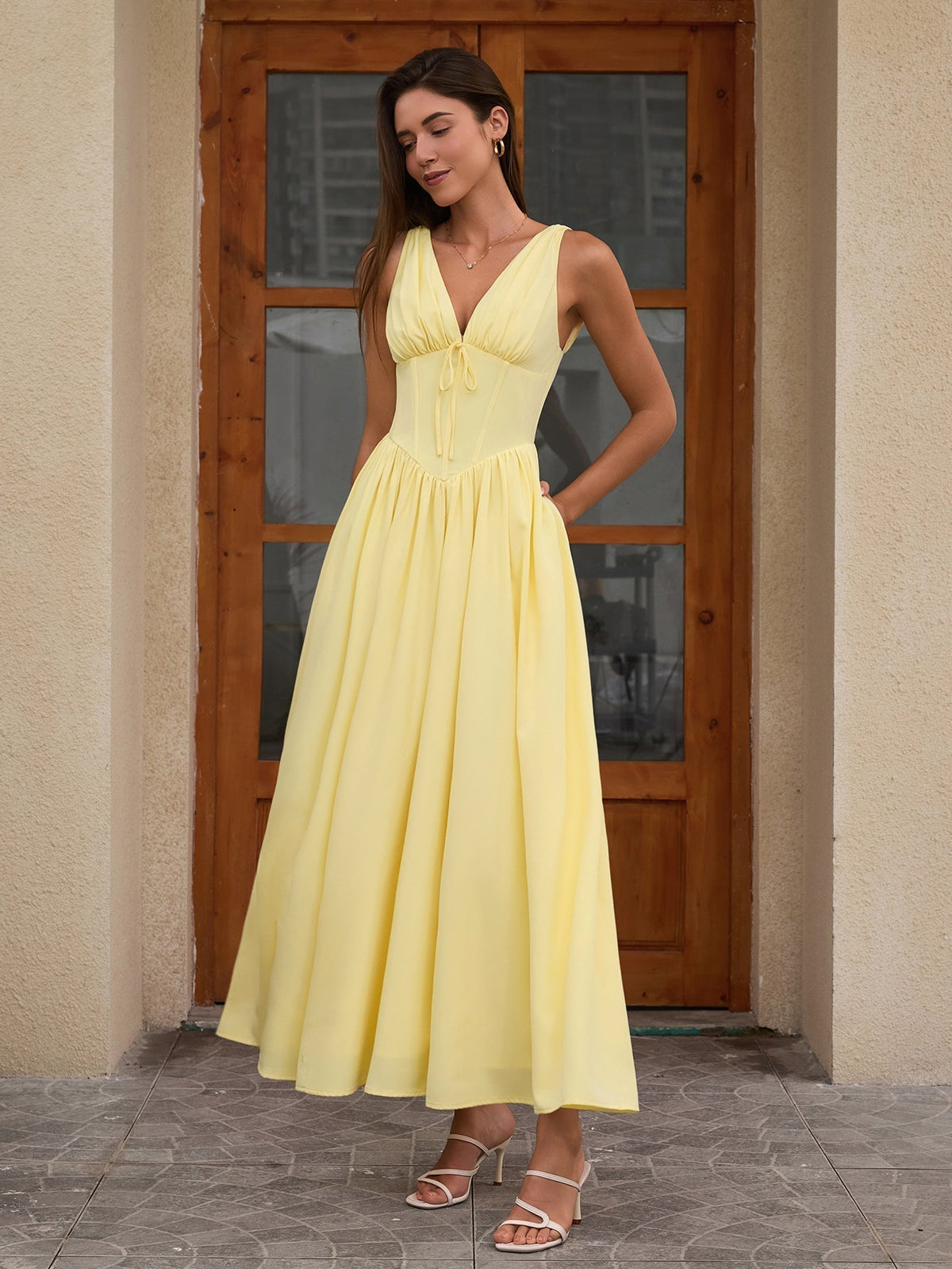 Deep V-Neck Bow Tie Ruched Fit and Flare Midi Dress - View 15