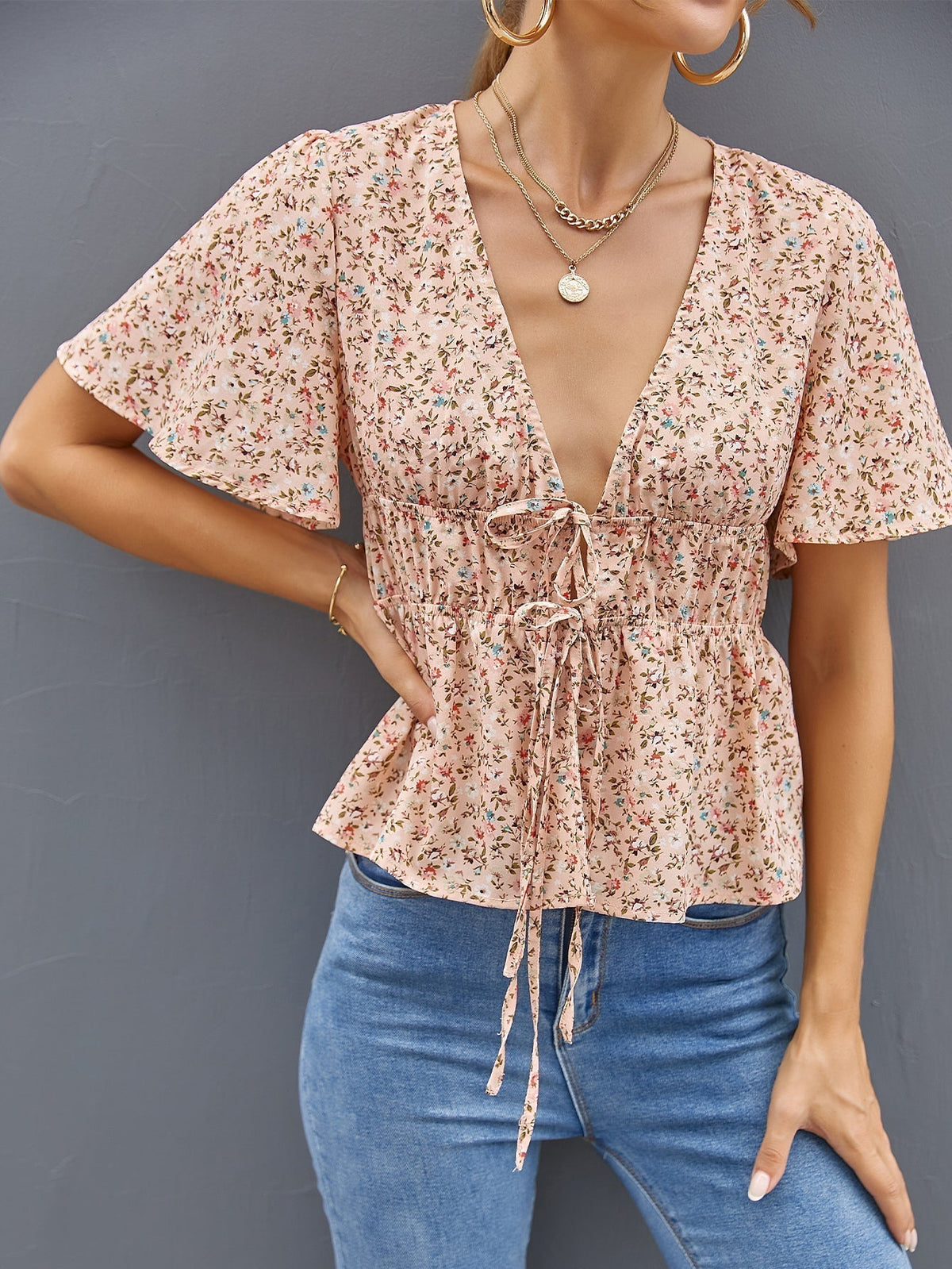 KittenAlarm - Deep V Neck Ditsy Floral Drawstring Top