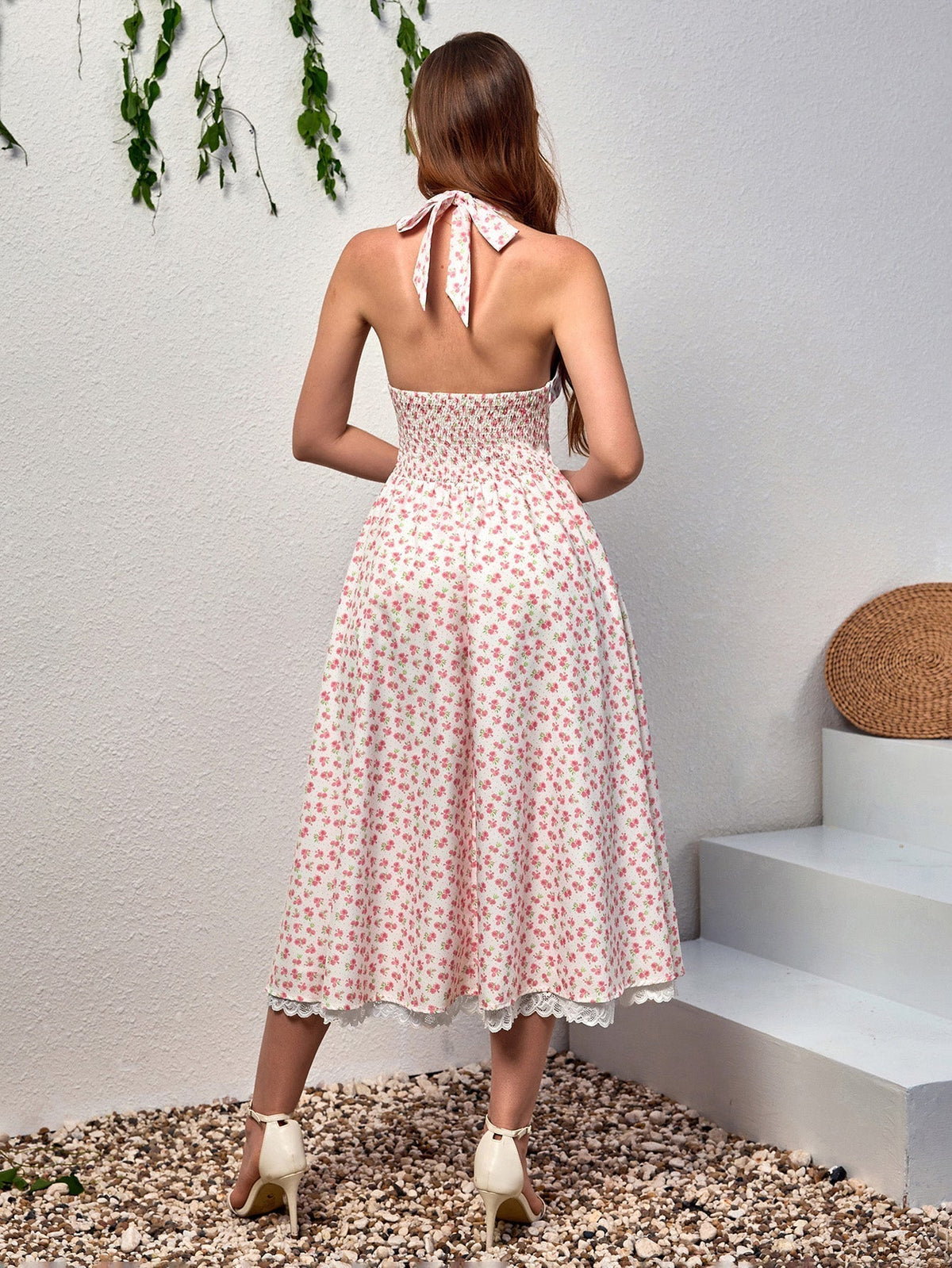 Floral Halter Neck Deep V-Neck Lace Trim Fit and Flare Midi Dress 26