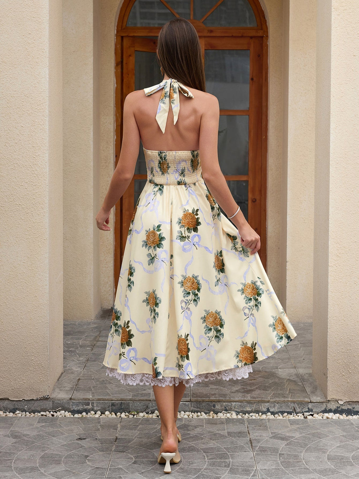 Floral Halter Neck Deep V-Neck Lace Trim Fit and Flare Midi Dress - View 12