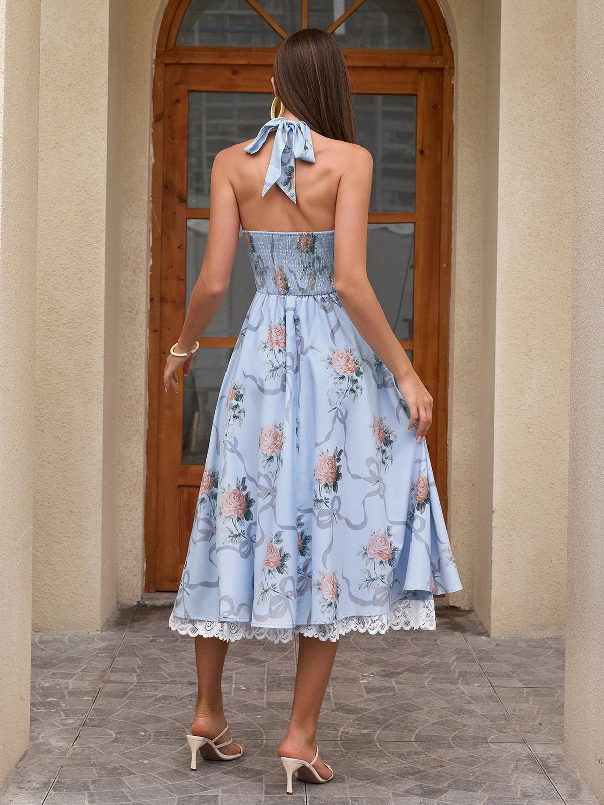 Floral Halter Neck Deep V-Neck Lace Trim Fit and Flare Midi Dress 41