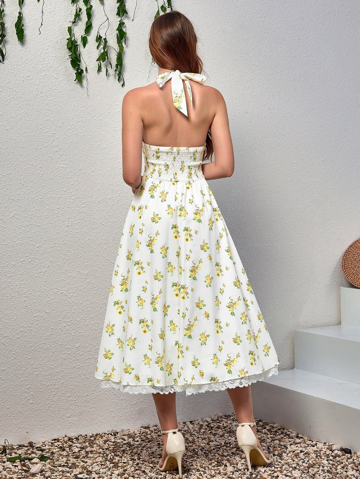 Floral Halter Neck Deep V-Neck Lace Trim Fit and Flare Midi Dress 32