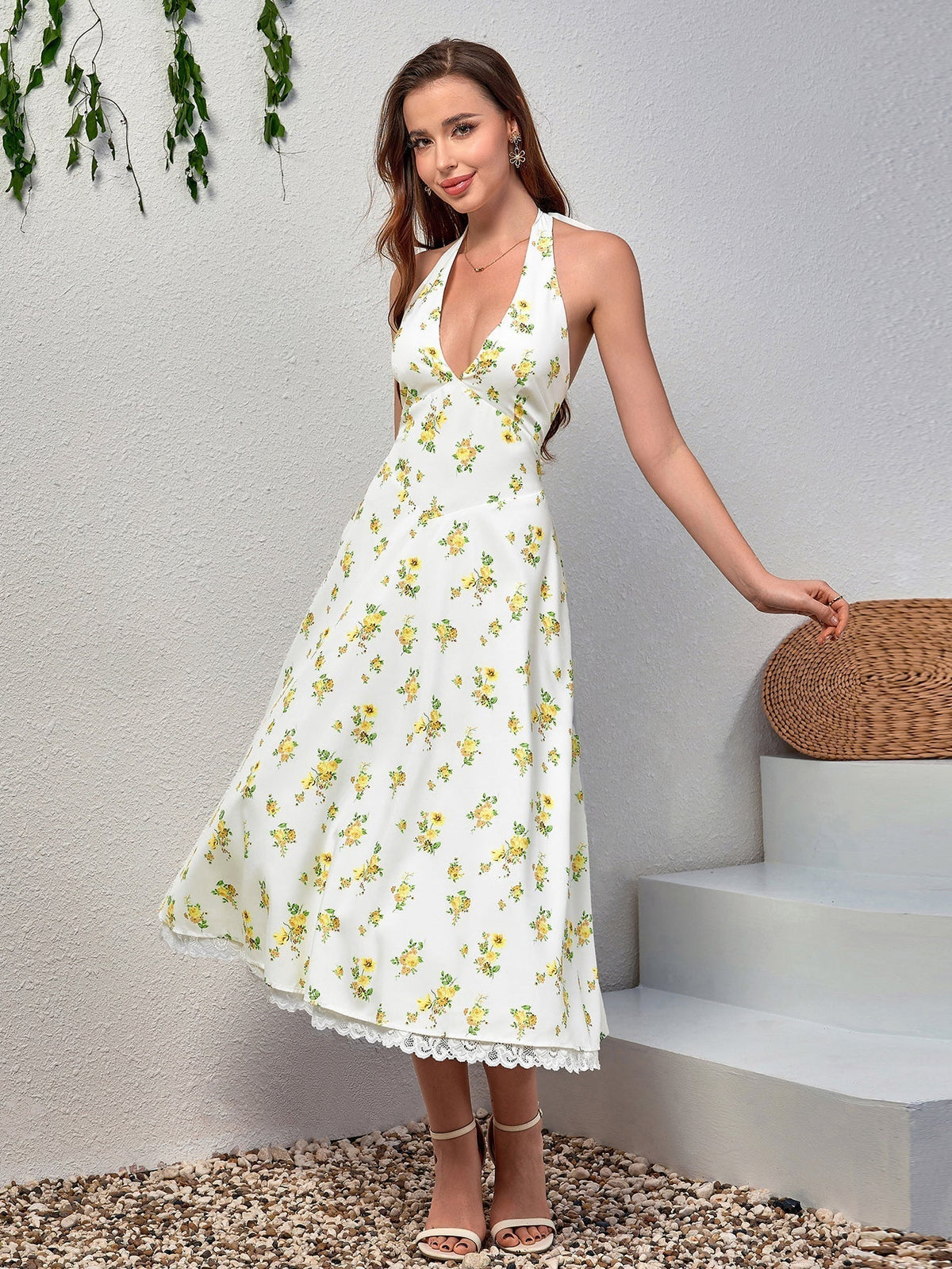 Floral Halter Neck Deep V-Neck Lace Trim Fit and Flare Midi Dress 37
