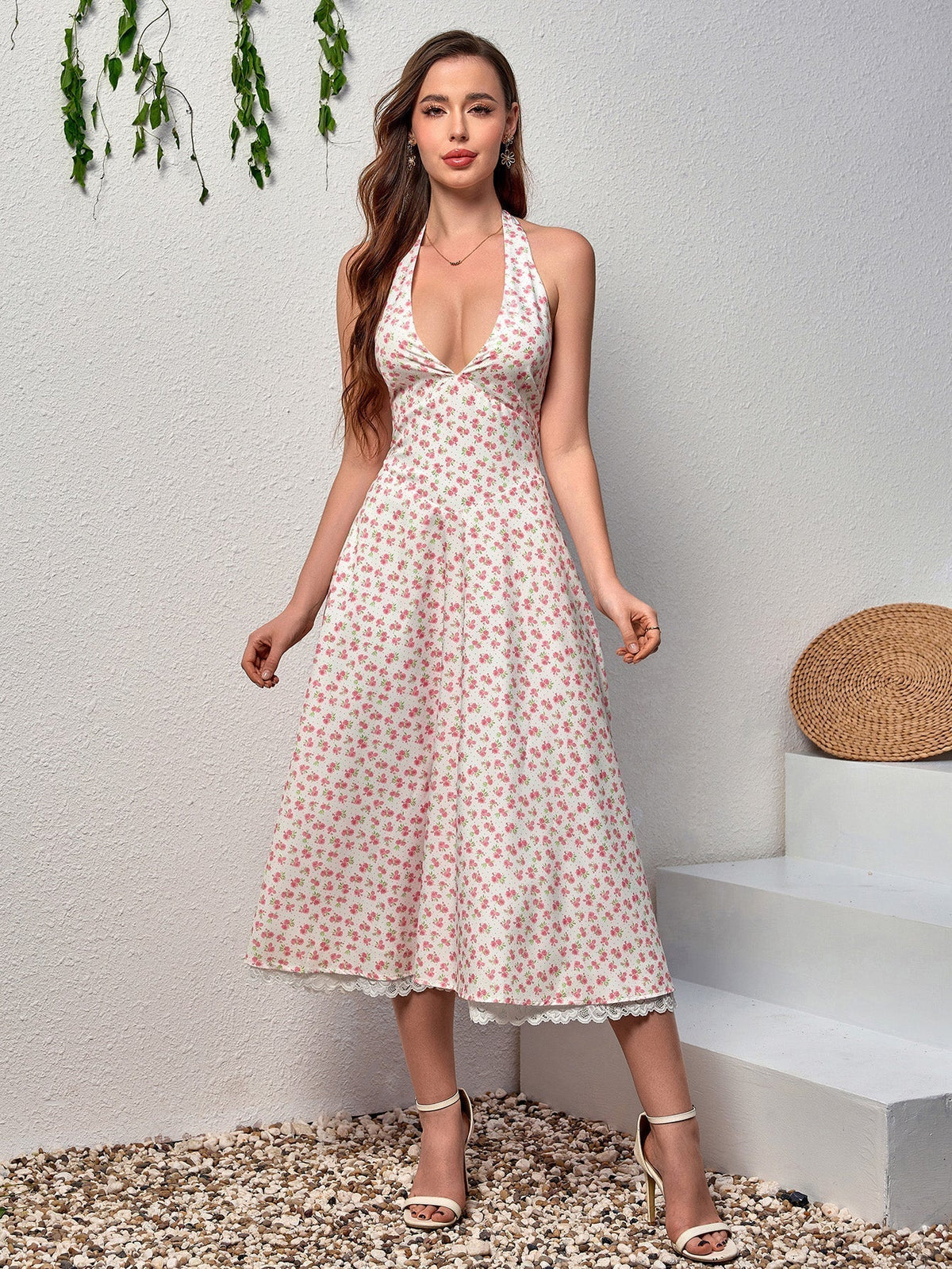 Floral Halter Neck Deep V-Neck Lace Trim Fit and Flare Midi Dress 29