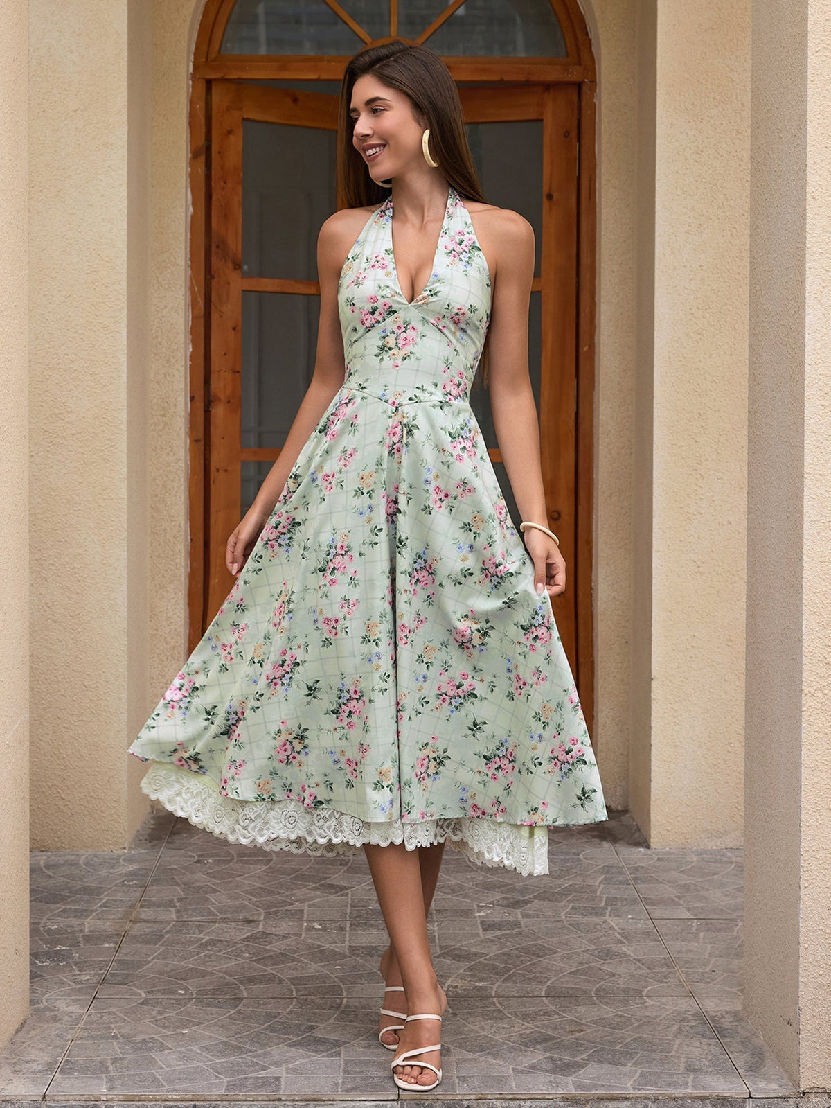 Floral Halter Neck Deep V-Neck Lace Trim Fit and Flare Midi Dress - View 9