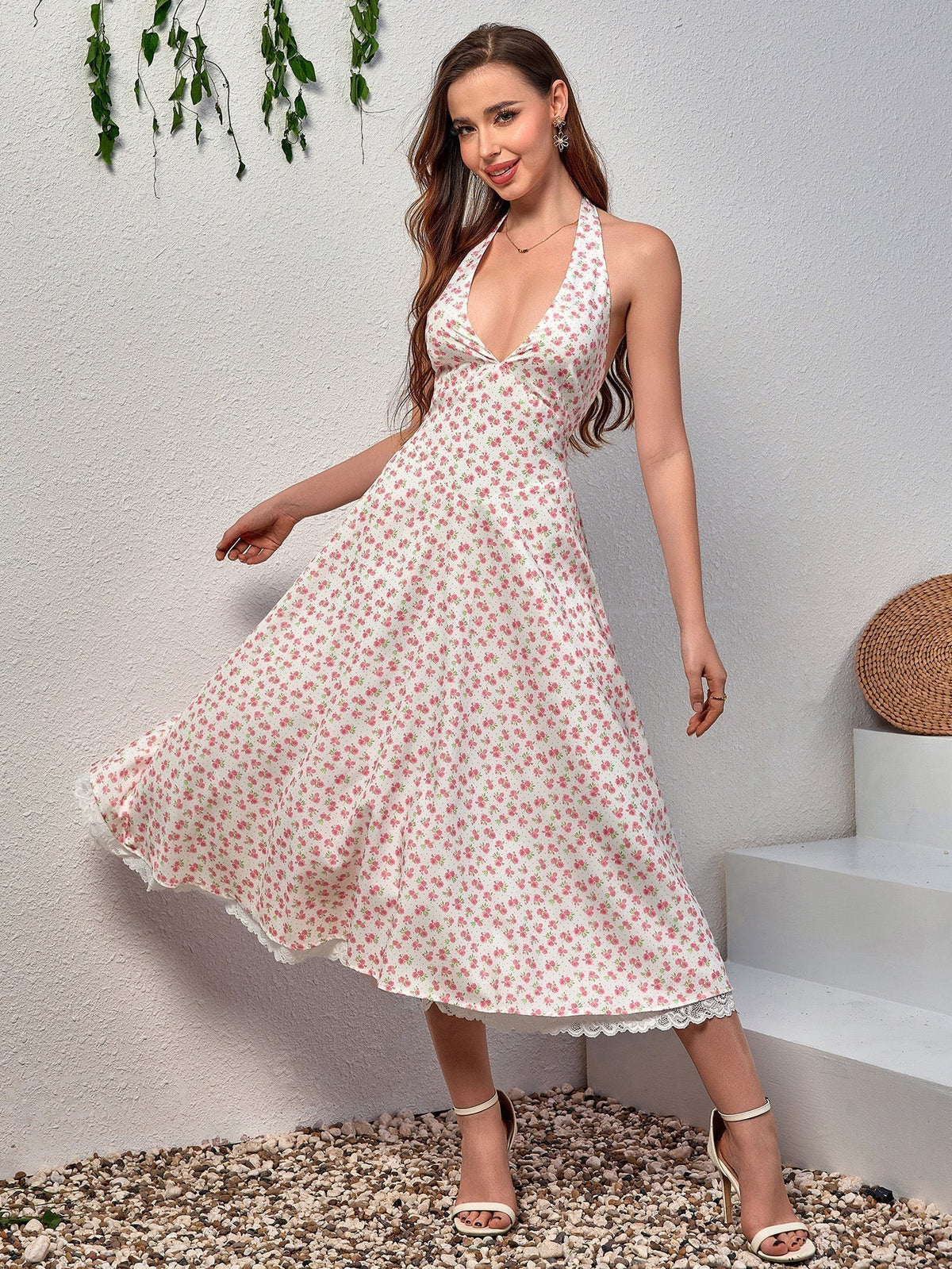 Floral Halter Neck Deep V-Neck Lace Trim Fit and Flare Midi Dress - View 25