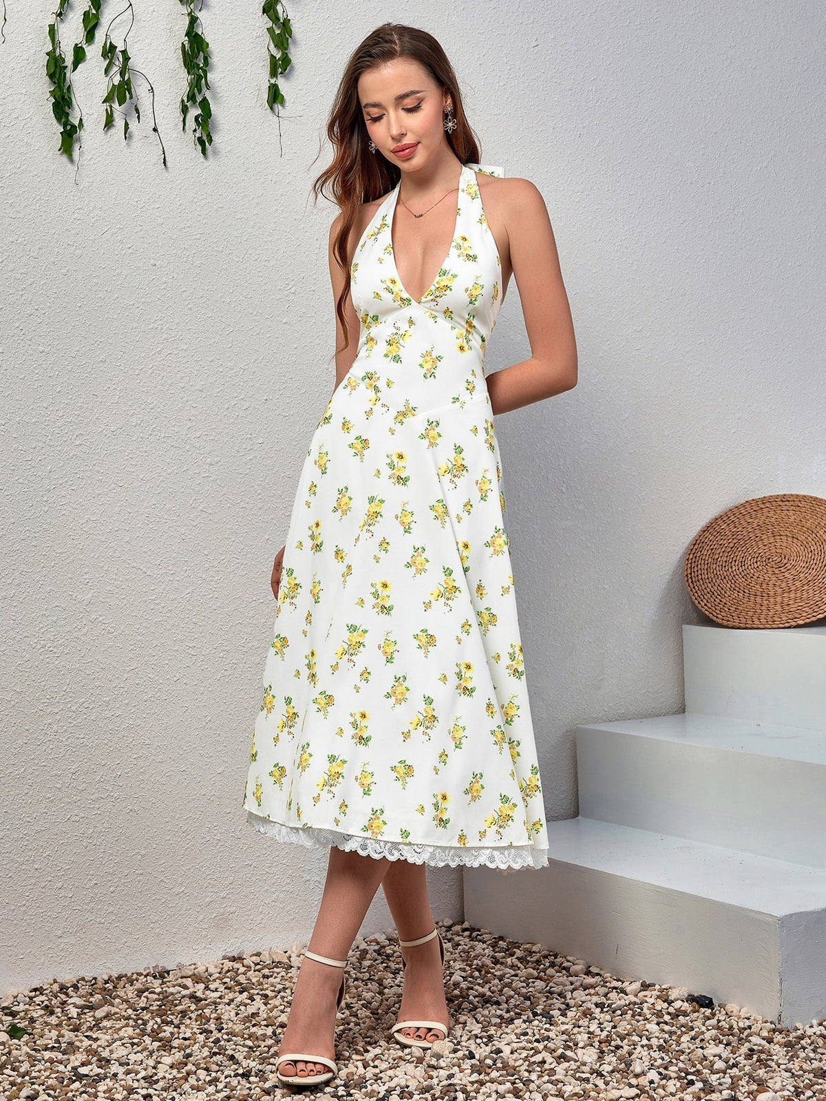 Floral Halter Neck Deep V-Neck Lace Trim Fit and Flare Midi Dress 34