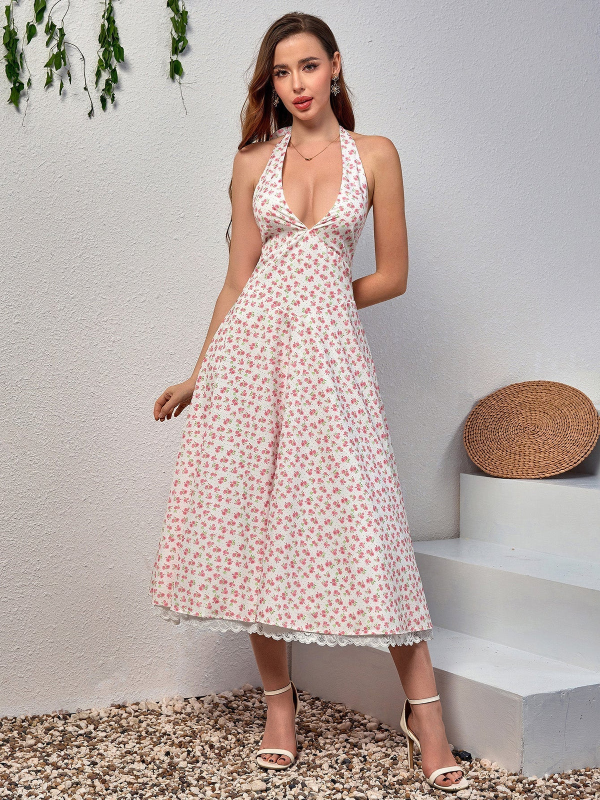 Floral Halter Neck Deep V-Neck Lace Trim Fit and Flare Midi Dress 28