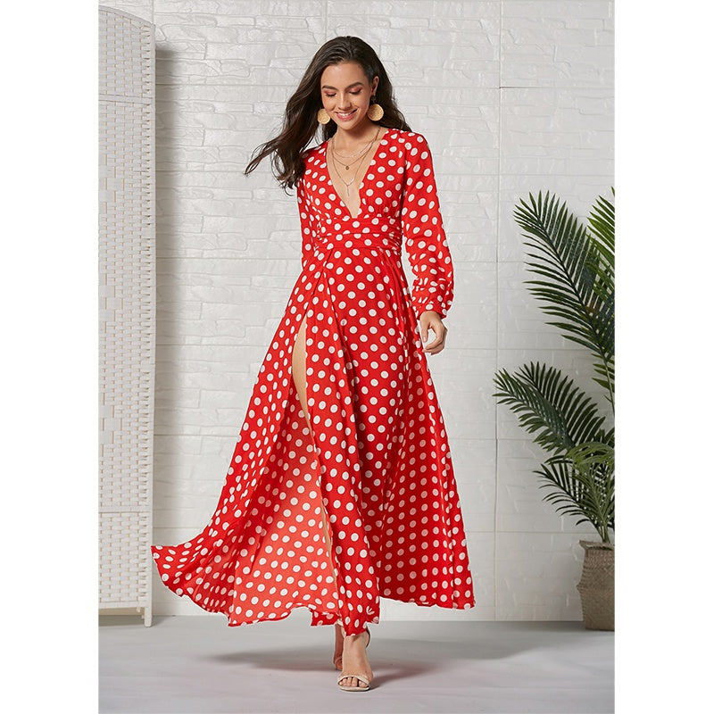 Polka Dot V-Neck Long Sleeve Wrap Maxi Dress