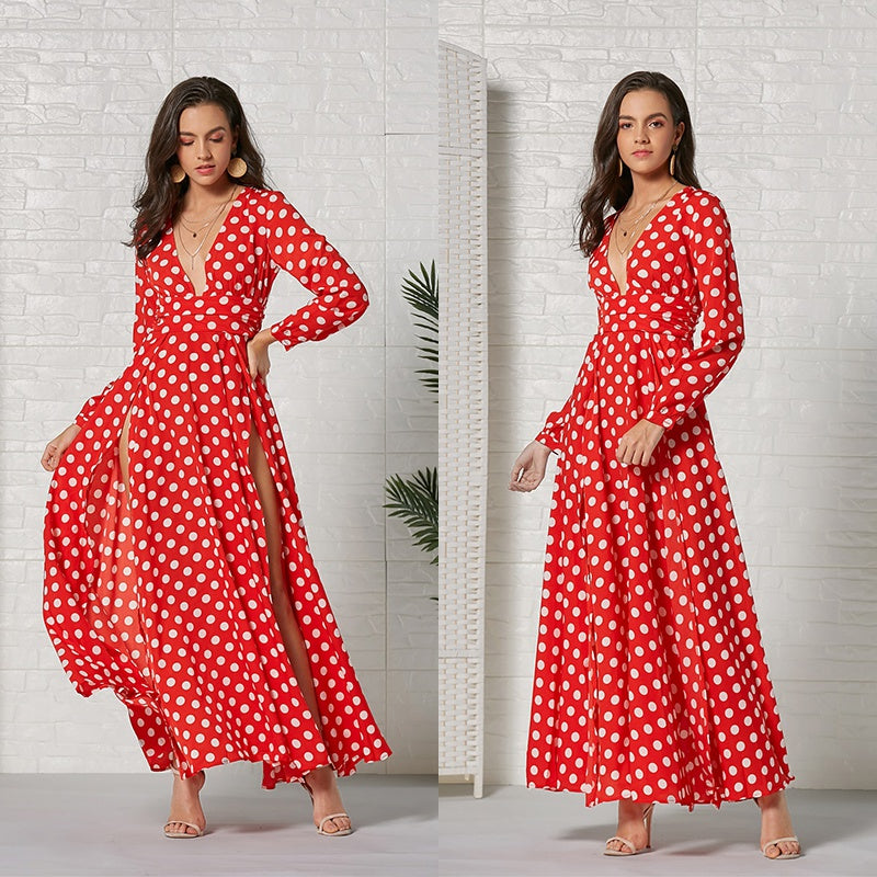 Polka Dot V-Neck Long Sleeve Wrap Maxi Dress