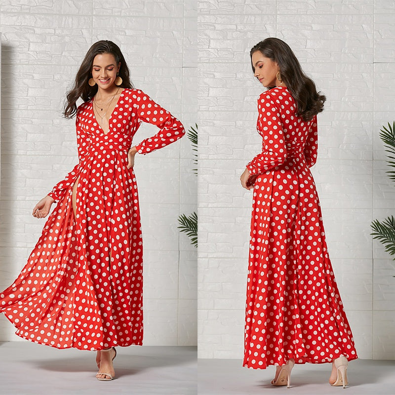 Polka Dot V-Neck Long Sleeve Wrap Maxi Dress