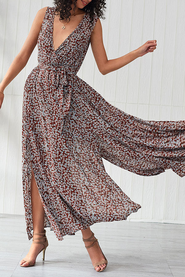 Deep V Neck Print Slit Dress