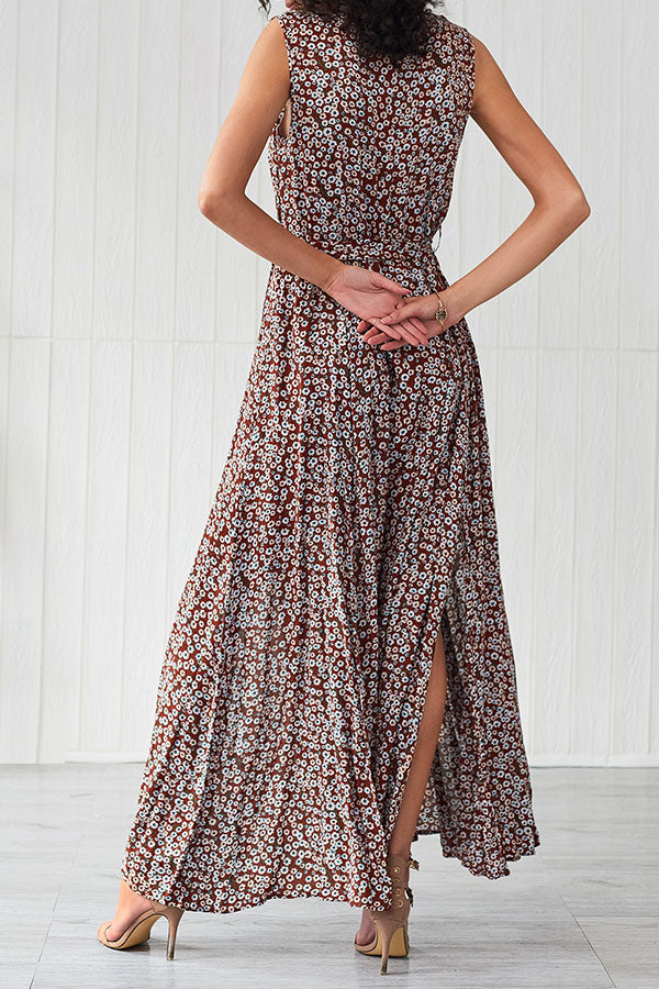 Deep V Neck Print Slit Dress