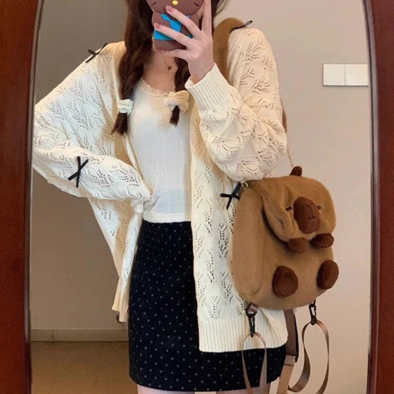 Kawaii Bow Hollow Out Solid Knit Cardigan
