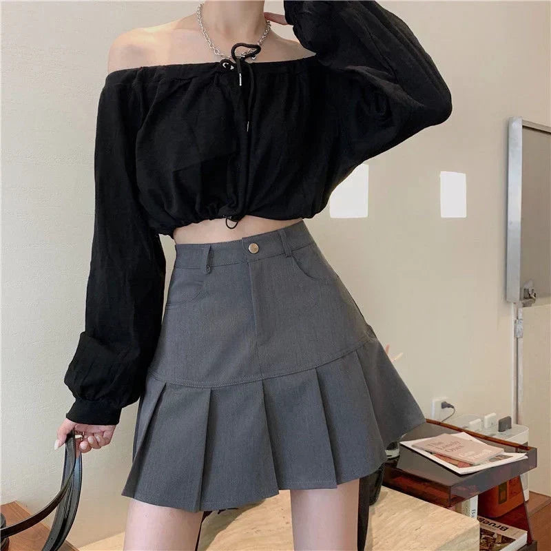 Korean Preppy High Waist A-Line Cute Short Skirt Grey / S