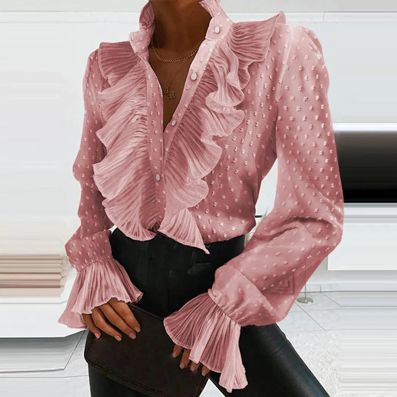 Denim Ruffled V Neck Pleated Blouse