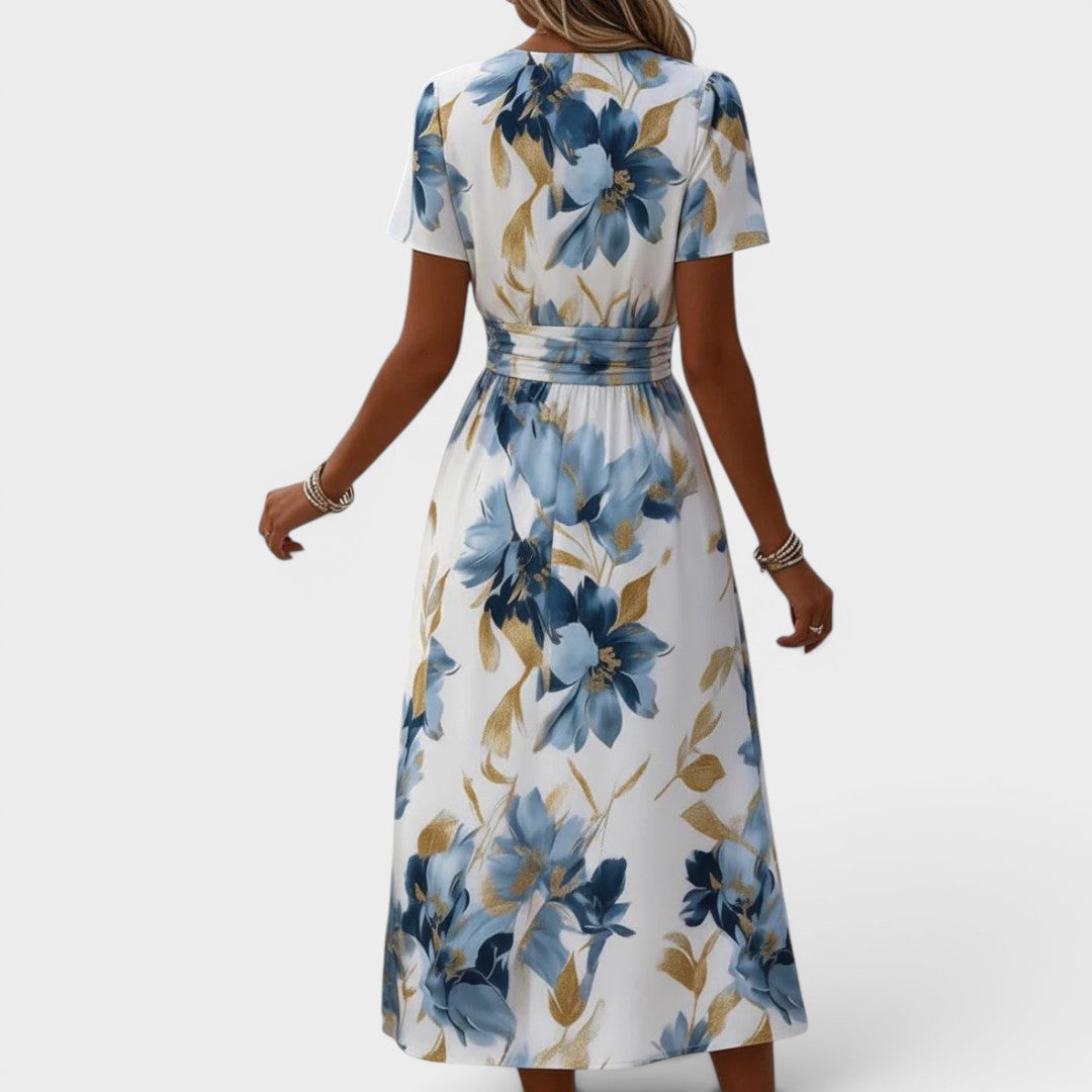Floral Print V-Neck Short Sleeve Ruched Waist Midi Dress 4