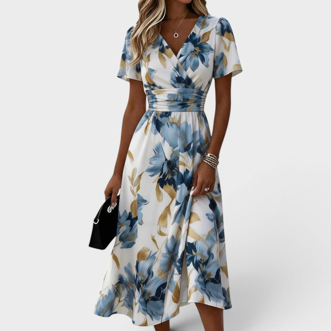 Floral Print V-Neck Short Sleeve Ruched Waist Midi Dress