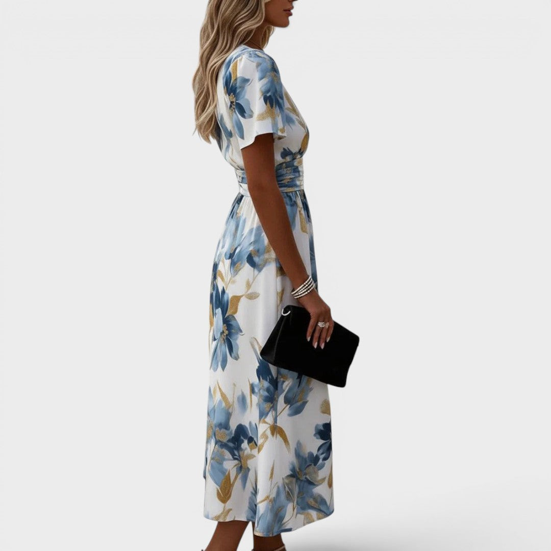Floral Print V-Neck Short Sleeve Ruched Waist Midi Dress 2